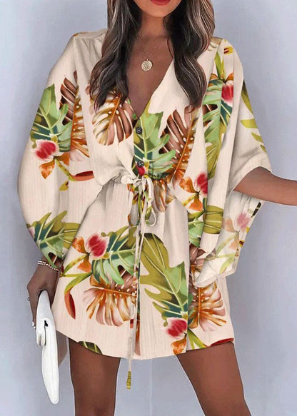 Lace Dresses Loose Cotton Sleeve Beige Print Up Batwing Mid