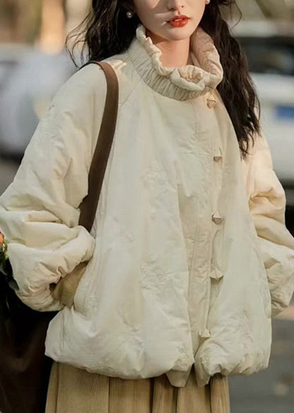 Loose Beige Ruffled Pockets Fine Cotton Filled Coat Lantern Sleeve YZ023