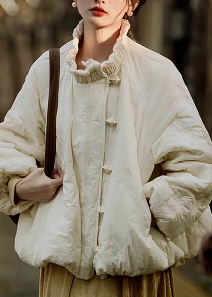 Loose Beige Ruffled Pockets Fine Cotton Filled Coat Lantern Sleeve YZ023