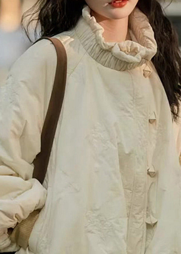 Loose Beige Ruffled Pockets Fine Cotton Filled Coat Lantern Sleeve YZ023