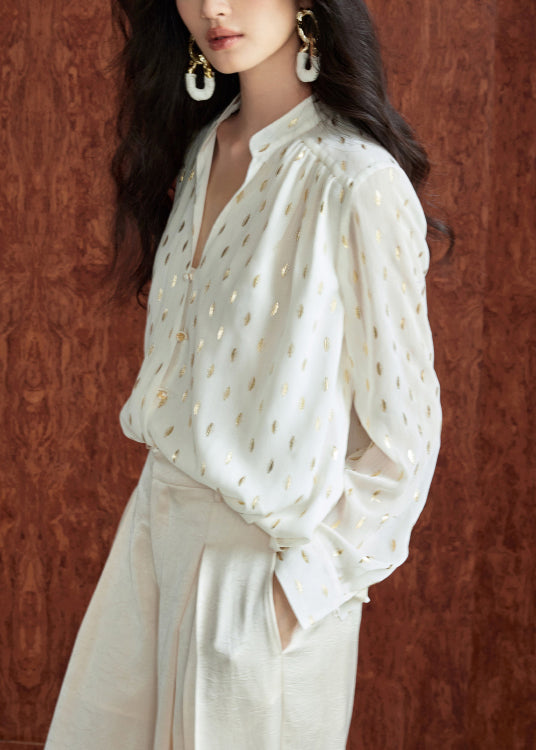 Collar Print Beige Chiffon Loose Fall Stand Shirts