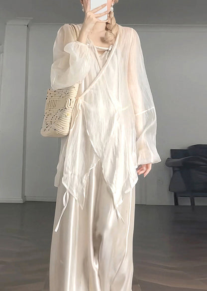 Loose Beige V Neck Silk Shirts And Spaghetti Strap Dress Two Piece Set Long Sleeve UU1064