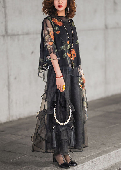 Pieces Ruffled Tulle Set Half Black Print Asymmetrical Loose Two