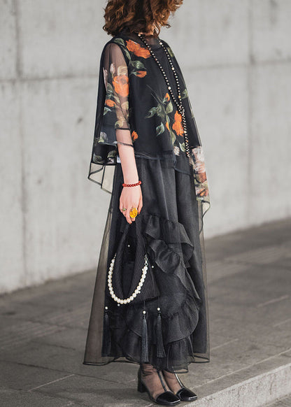 Pieces Ruffled Tulle Set Half Black Print Asymmetrical Loose Two