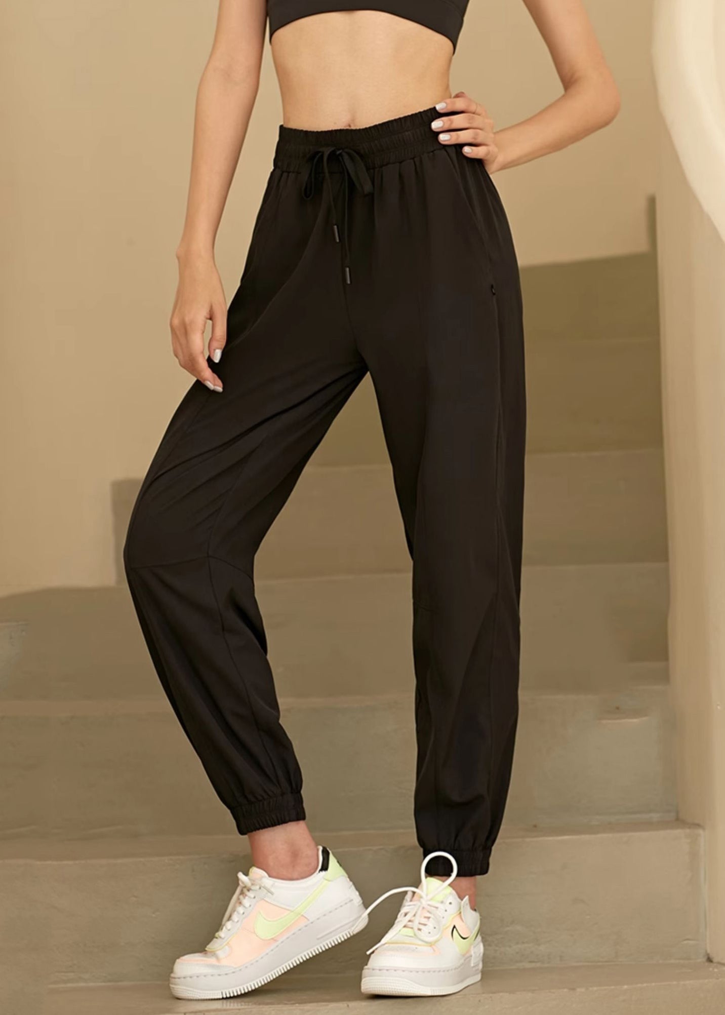 Loose Pants Tie Waist Elastic Yoga Lantern Black