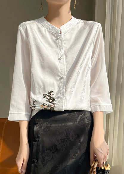 Loose Black Embroidered Button Silk Shirts Bracelet Sleeve AB1039