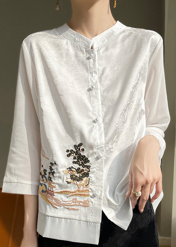 Loose Black Embroidered Button Silk Shirts Bracelet Sleeve AB1039