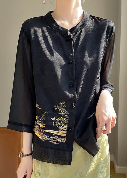 Loose Black Embroidered Button Silk Shirts Bracelet Sleeve AB1039