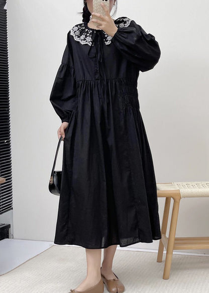 Loose Black Embroidered Lace Up Cotton Dress Spring VV022