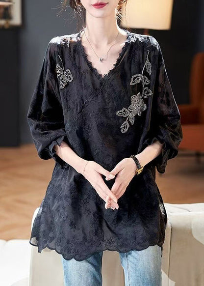 Loose Black Embroidered Nail Bead Side Open Silk Cotton Tops Spring RH034