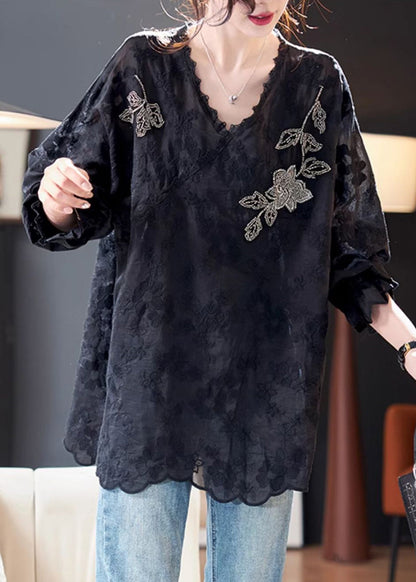 Loose Black Embroidered Nail Bead Side Open Silk Cotton Tops Spring RH034