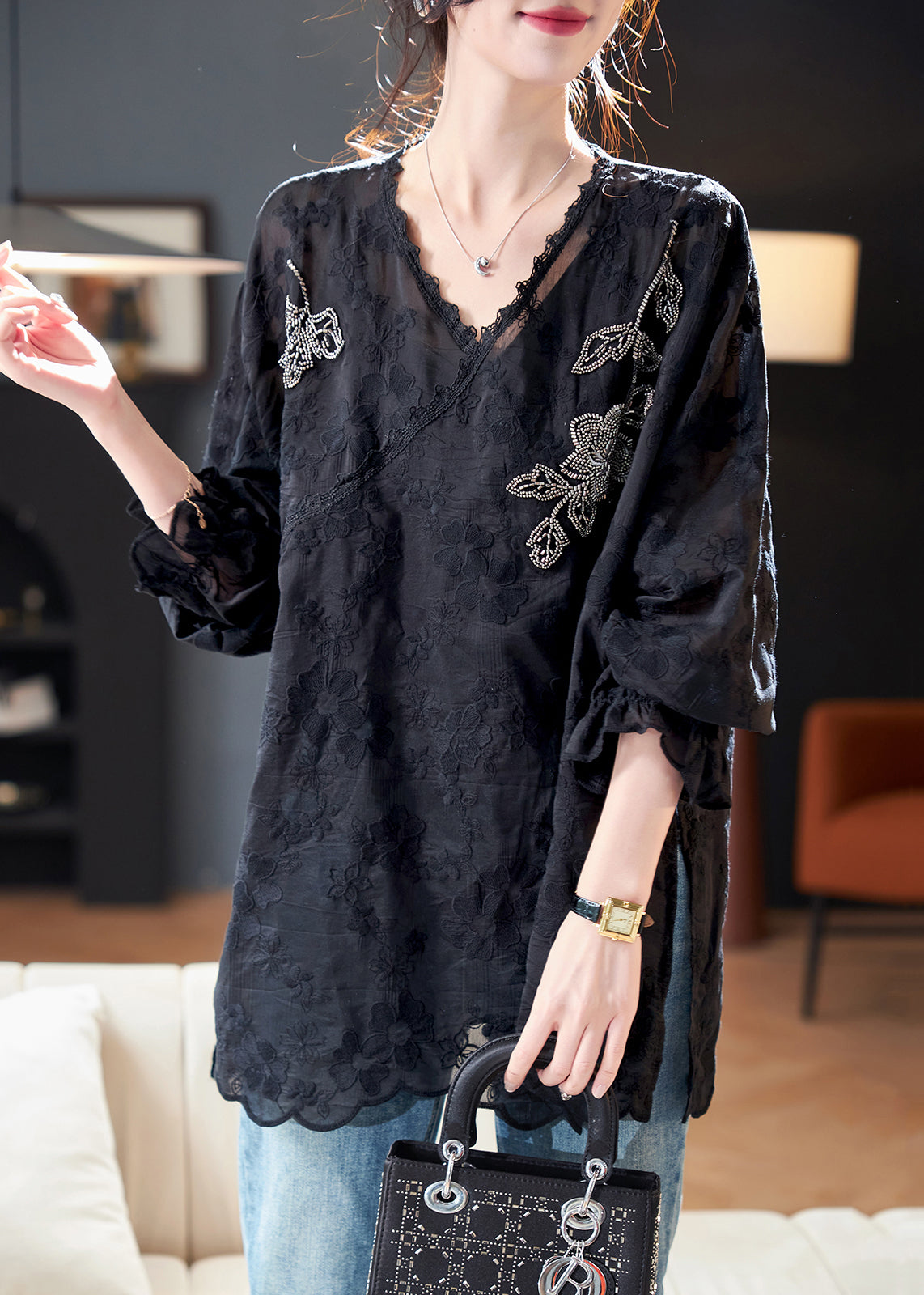 Loose Black Embroidered Nail Bead Side Open Silk Cotton Tops Spring RH034