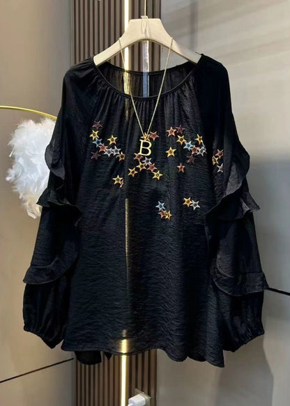 Loose Black Embroidered Ruffled Solid Cotton Tops Long Sleeve MN075