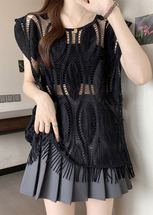 Loose Hollow Black Sleeveless Tasseled Out Cotton Tank