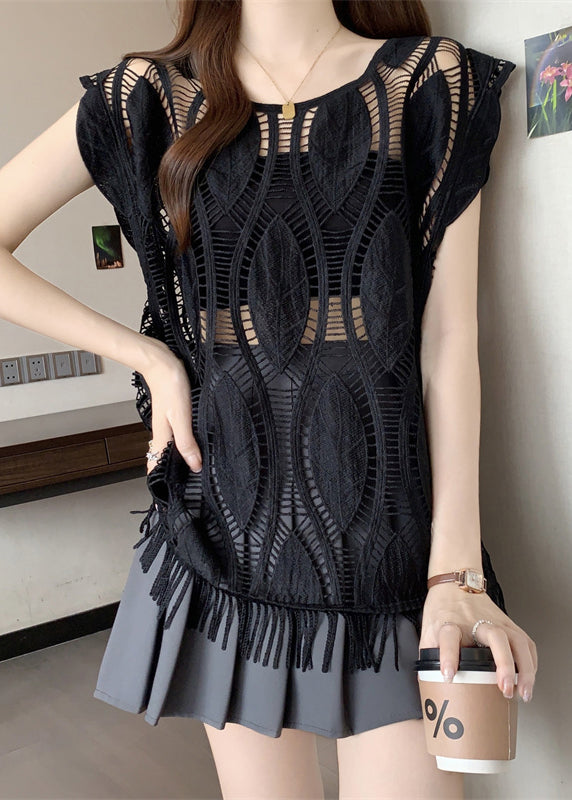 Loose Hollow Black Sleeveless Tasseled Out Cotton Tank