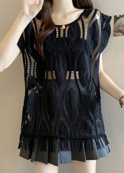 Loose Hollow Black Sleeveless Tasseled Out Cotton Tank