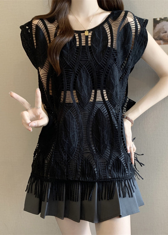 Loose Hollow Black Sleeveless Tasseled Out Cotton Tank