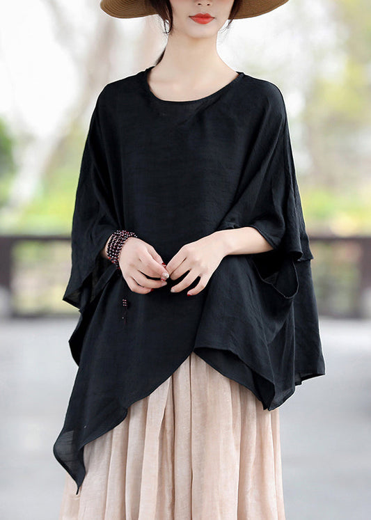 Loose Black O Neck Asymmetrical Cotton T Shirt Tops Summer LK023