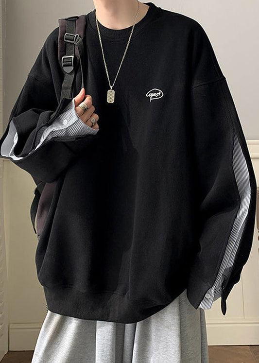 Men Loose Neck False Pieces Cotton O Two Black Sweatshirt Button