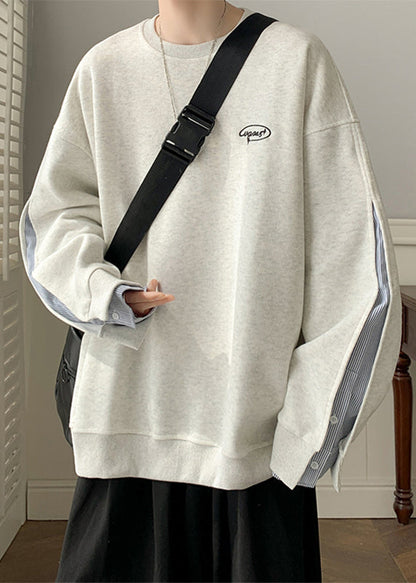 Men Loose Neck False Pieces Cotton O Two Black Sweatshirt Button