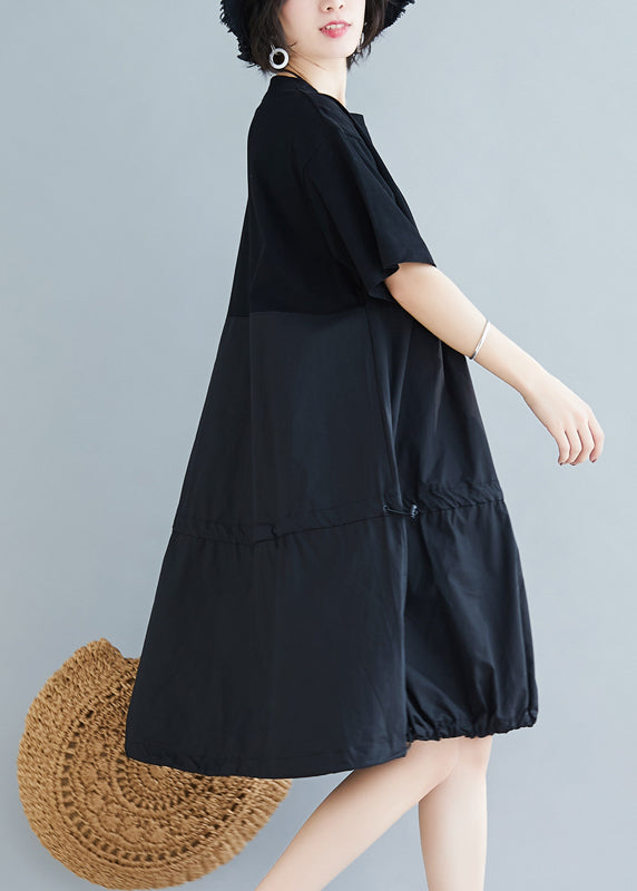 Loose Black O Neck Drawstring Patchwork Cotton Dresses Summer AP081