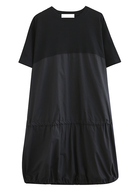 Loose Black O Neck Drawstring Patchwork Cotton Dresses Summer AP081