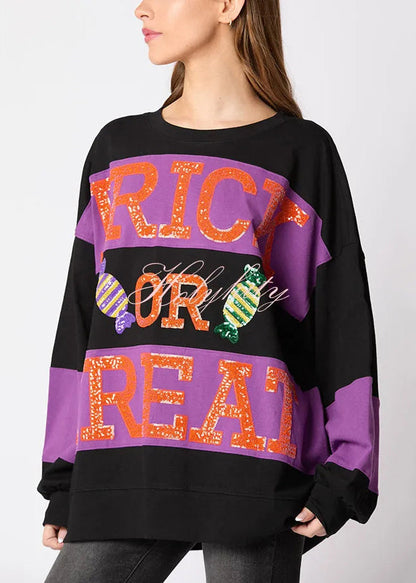 Loose Black O Neck Letter Cotton Sweatshirt Fall AE1038