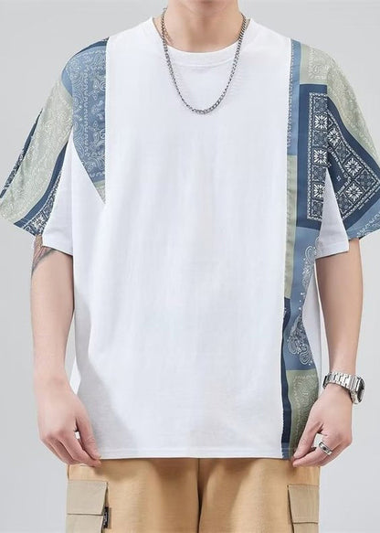 Black Shirt Mens Loose O Neck Summer Patchwork T Cotton