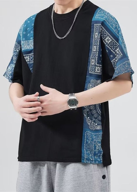 Black Shirt Mens Loose O Neck Summer Patchwork T Cotton
