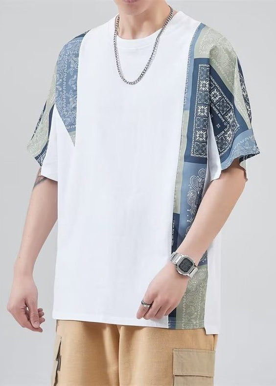 Black Shirt Mens Loose O Neck Summer Patchwork T Cotton