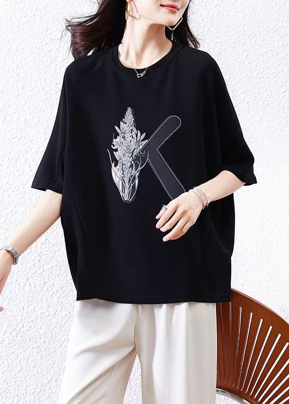 Loose Shirt O-Neck Half Black Print T Sleeve Cotton