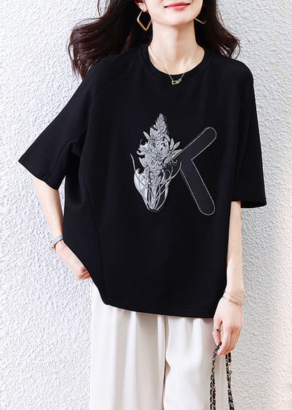 Loose Shirt O-Neck Half Black Print T Sleeve Cotton