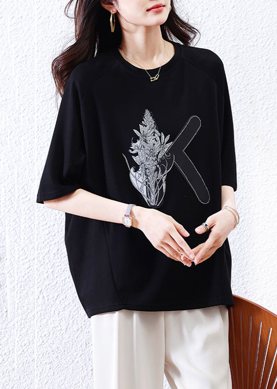 Loose Shirt O-Neck Half Black Print T Sleeve Cotton