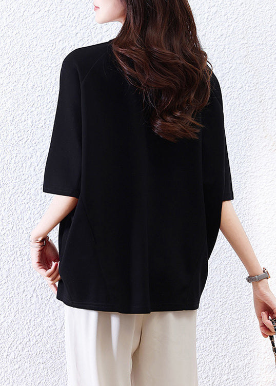 Loose Shirt O-Neck Half Black Print T Sleeve Cotton