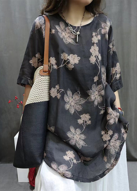 Loose Black O-Neck Print Linen Shirts Half Sleeve VV096