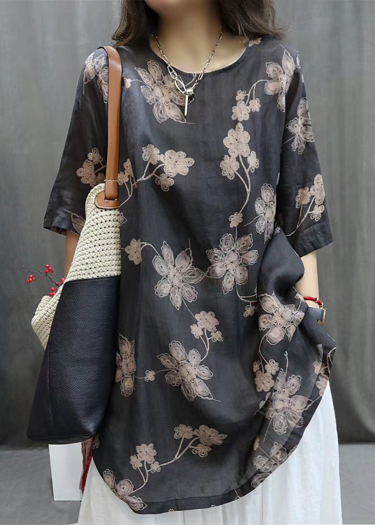 Loose Black O-Neck Print Linen Shirts Half Sleeve VV096