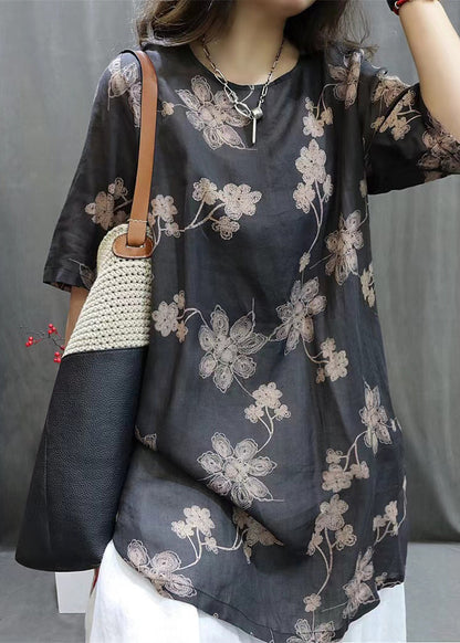 Loose Black O-Neck Print Linen Shirts Half Sleeve VV096