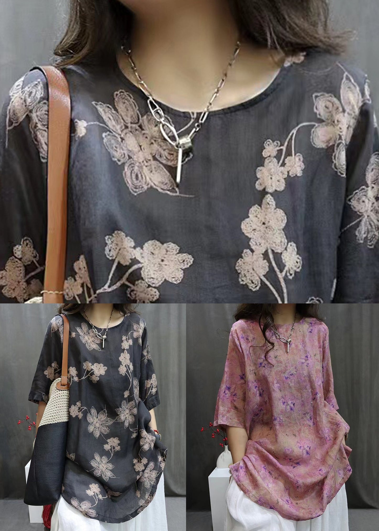 Loose Black O-Neck Print Linen Shirts Half Sleeve VV096