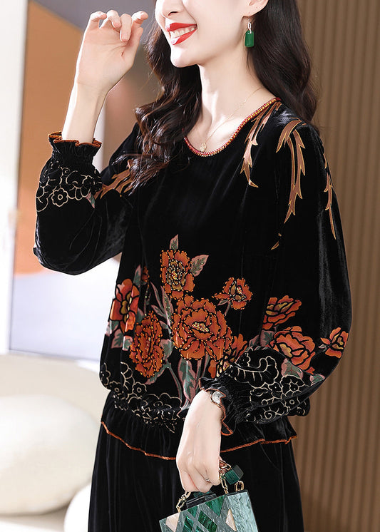 Loose Black O Neck Print Silk Velour Tops Butterfly Sleeve RH031