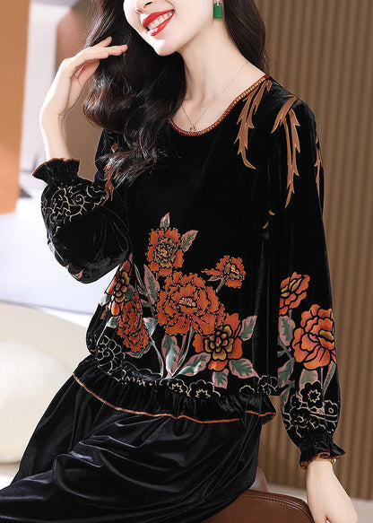 Loose Black O Neck Print Silk Velour Tops Butterfly Sleeve RZ036