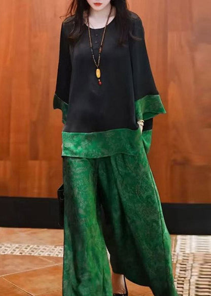 Tops Pieces Green Silk Black Two O Neck And Loose Patchwork Pants