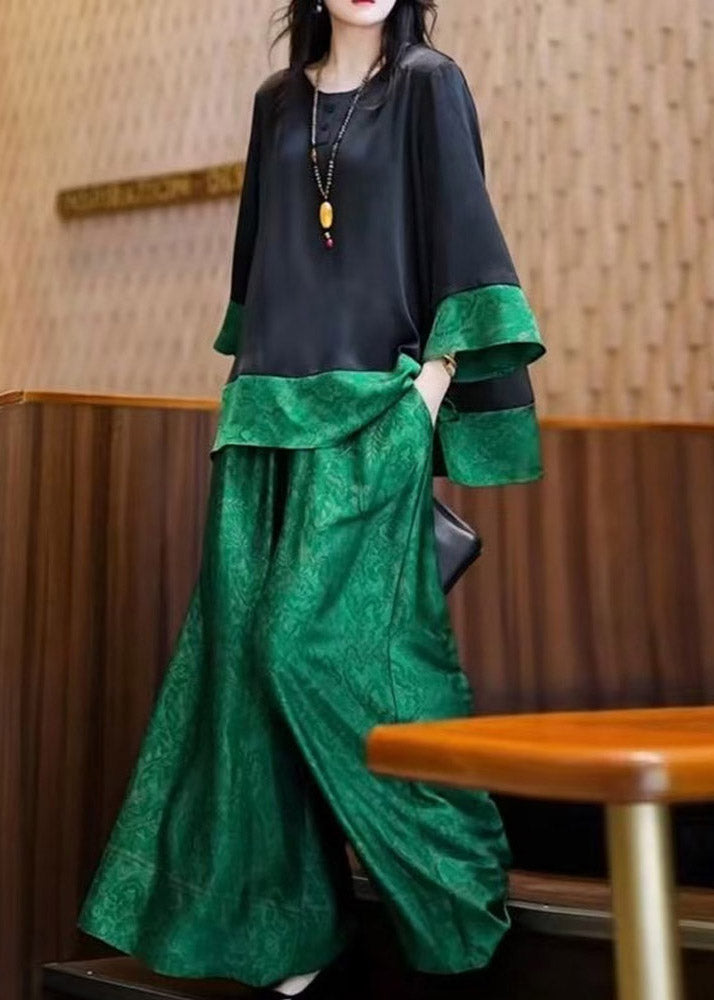 Tops Pieces Green Silk Black Two O Neck And Loose Patchwork Pants