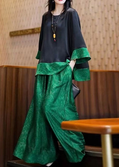 Tops Pieces Green Silk Black Two O Neck And Loose Patchwork Pants
