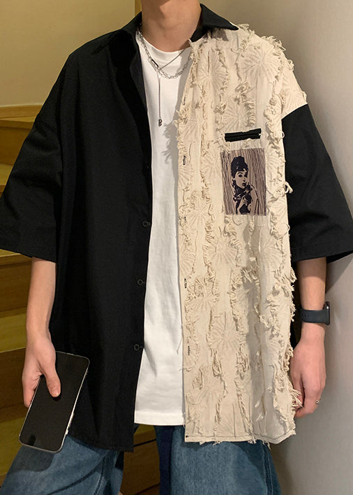 Design Half Loose Patchwork Cotton Black Shirts Original Men