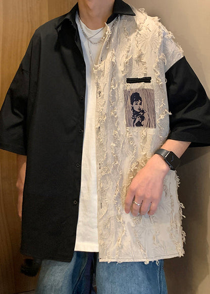 Design Half Loose Patchwork Cotton Black Shirts Original Men
