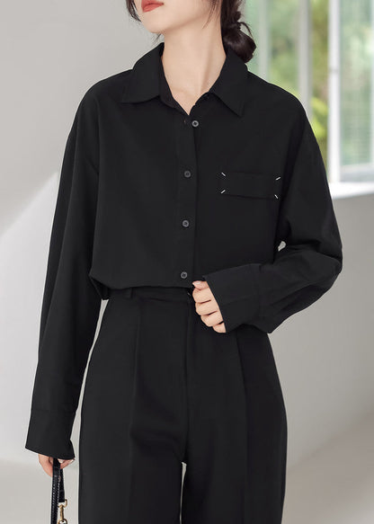 Loose Black Peter Pan Collar Button Patchwork Cotton Shirt Long Sleeve TU013