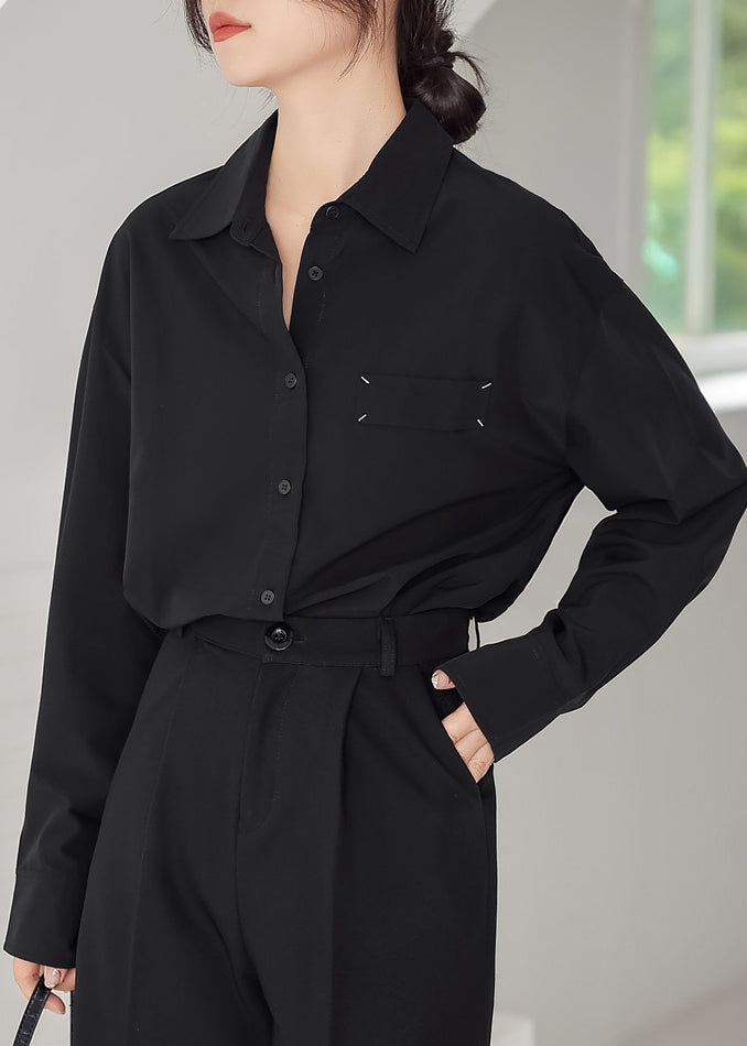 Loose Black Peter Pan Collar Button Patchwork Cotton Shirt Long Sleeve TU013