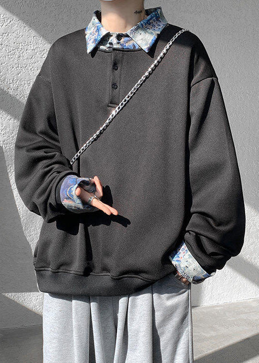 Pan Mens Cotton Collar Black Patchwork Sweatshirts Peter Loose