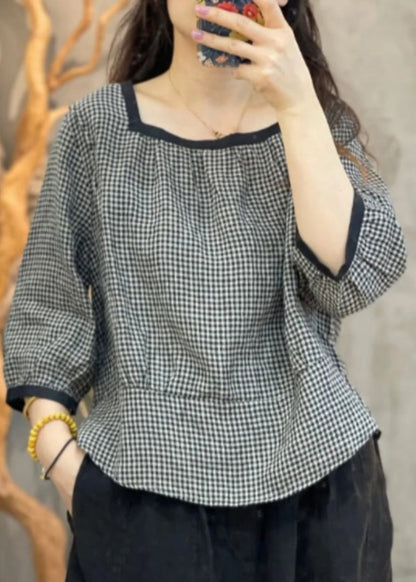 Loose Black Plaid O-Neck Patchwork Shirt Bracelet Sleeve AP013