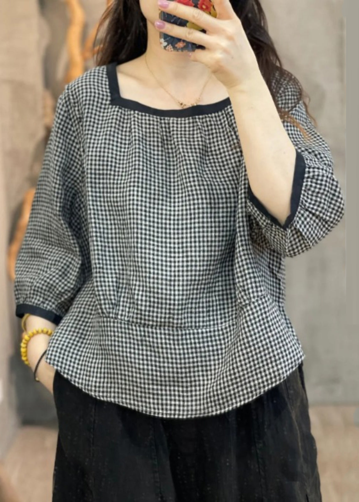 Loose Black Plaid O-Neck Patchwork Shirt Bracelet Sleeve AP013